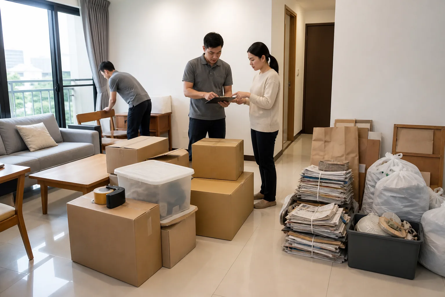 台南搬家前,住戶把搬運紙箱、可回收物和待確認大型家具分區並與人員核對